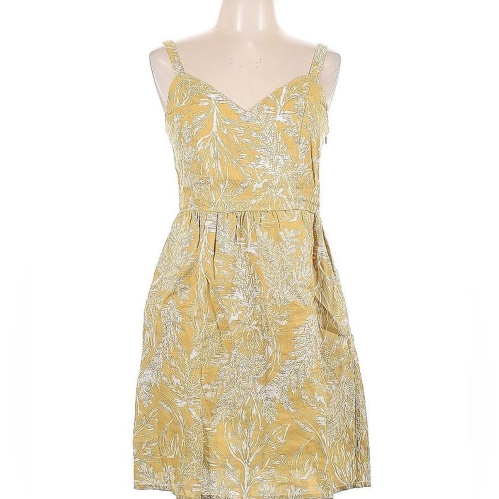 Tahari Midi Tropical Print Yellow Smocked Cotton Linen Casual Sundress